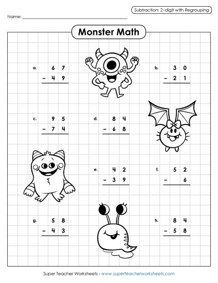 Graph Paper Math - Monster Math Subtraction (2-Digits / Regrouping) (Printable PDF Worksheet)