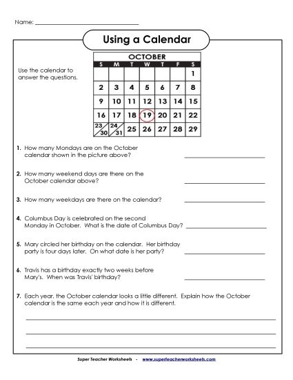 Calendars (Intermediate) - Monthly Calendar (Intermediate) (Printable PDF Worksheet)