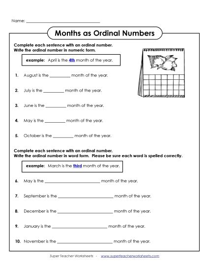 Calendars (Basic) - Months As Ordinal Numbers (Printable PDF Worksheet)