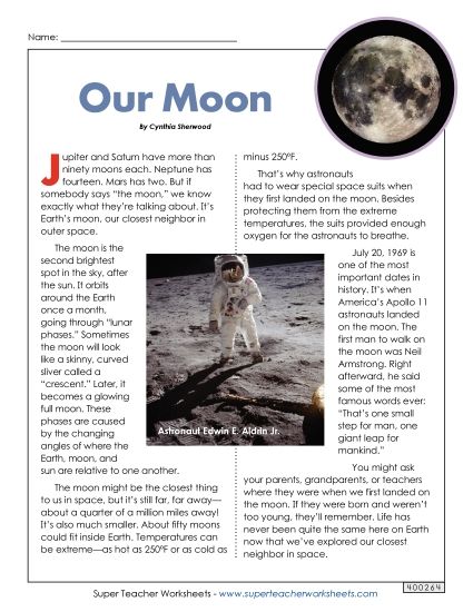 Articles with Questions - Moon Article & Questions (Printable PDF Worksheet)