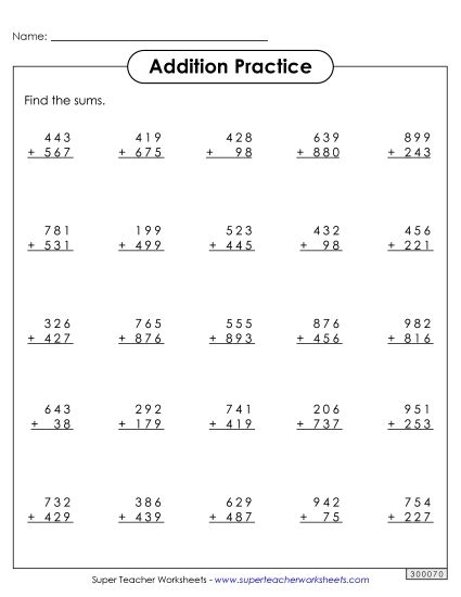 Addition (3-Digit Addends) - More 3-Digit Addition (Printable PDF Worksheet)