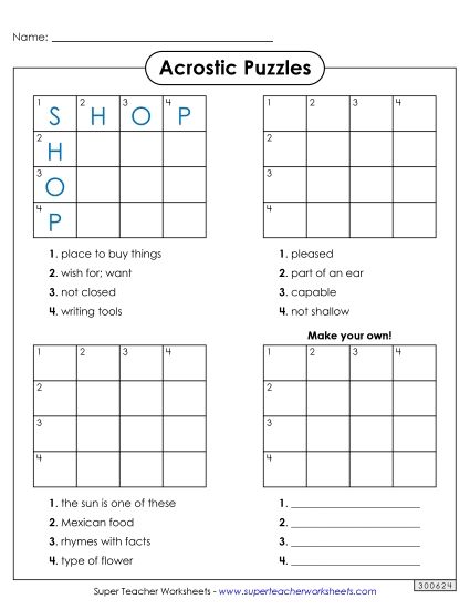 Word Challenges - More Acrostic Squares (Easy) (Printable PDF Worksheet)