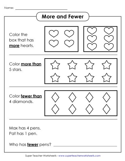 More & Fewer - More and Fewer (with Word Problem) (Printable PDF Worksheet)
