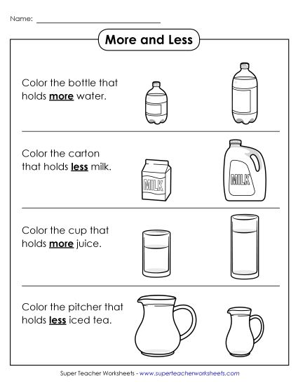 More and Less (Comparing Amounts of Liquid) - More and Less (Liquid) (Printable PDF Worksheet)