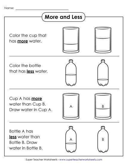 More and Less (Comparing Amounts of Liquid) - More and Less (Liquid Water) (Printable PDF Worksheet)