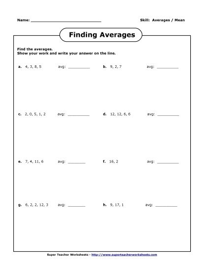 Basic Level (Basic Division Facts) - More Averages (Printable PDF Worksheet)