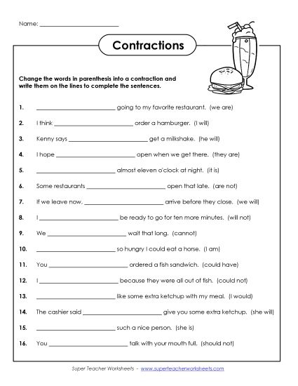 Worksheets - More Contraction Sentences (Printable PDF Worksheet)