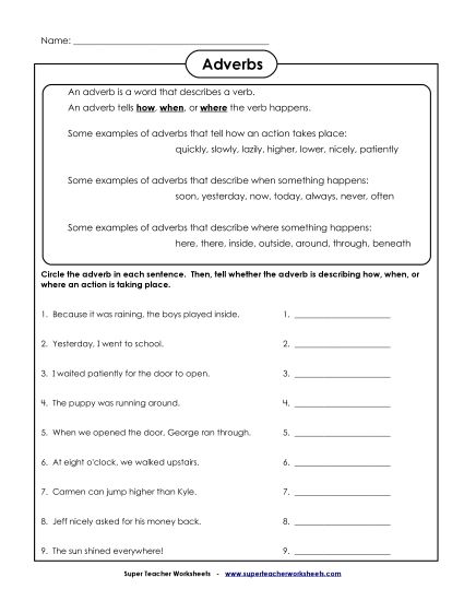 Adverb Worksheets - More Where, How, When (Printable PDF Worksheet)