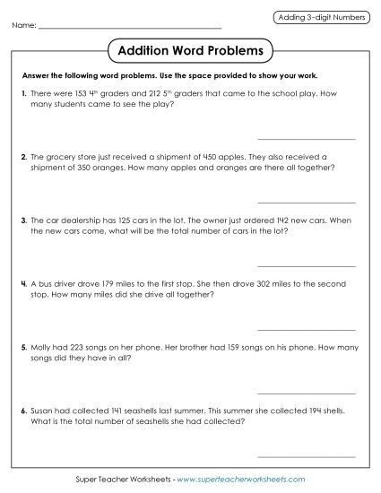 Addition (3-Digit Addends) - More Word Problems:  3-Digit Addition (Printable PDF Worksheet)