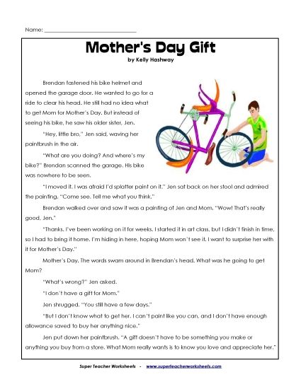 Reading Comprehension - Mother's Day Gift (Fiction Story) (Printable PDF Worksheet)