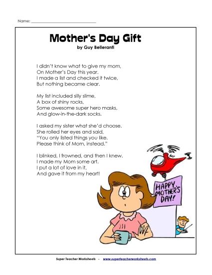Reading Comprehension - Mother's Day Gift (Poem) (Printable PDF Worksheet)
