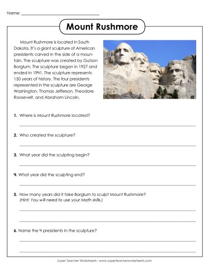 Short Passages - Mount Rushmore (Short, Nonfiction) (Printable PDF Worksheet)