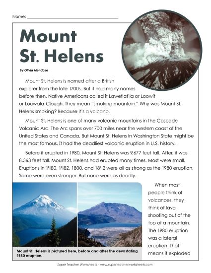 Nonfiction Articles - Mount St. Helens (Printable PDF Worksheet)