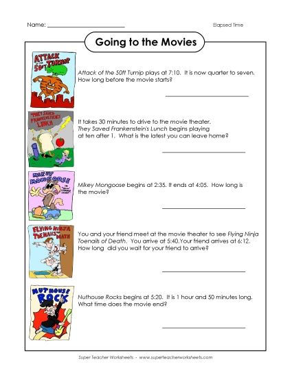 Level: Intermediate 5 Minute Increments - Movies - Elapsed Time Worksheet (Printable PDF Worksheet)