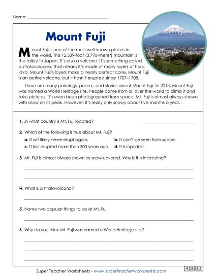 Reading Comprehension - Mt. Fuji (Nonfiction, Short) (Printable PDF Worksheet)