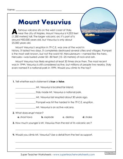 Non-Fiction - Mt. Vesuvius (Printable PDF Worksheet)