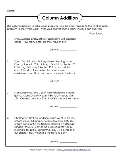 Addition with 3 or More Addends - Multiple Addends: Word Problems #1 (Printable PDF Worksheet)