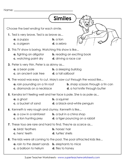 Similes - Multiple Choice Similes (Printable PDF Worksheet)