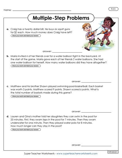 Basic (Grades 2 - 3) - Multiple Step, Basic #1 (Printable PDF Worksheet)