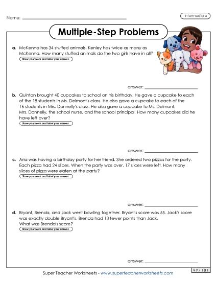 Intermediate (Grades 3 - 4) - Multiple Step, Intermediate #4 (Printable PDF Worksheet)