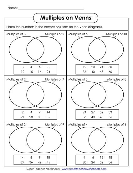 Worksheets - Multiples on Venn Diagram Activity (Printable PDF Worksheet)