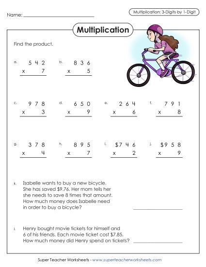 3-Digit Times 1-Digit Printables - Multiplication: 3-Digit by 1-Digit (Printable PDF Worksheet)