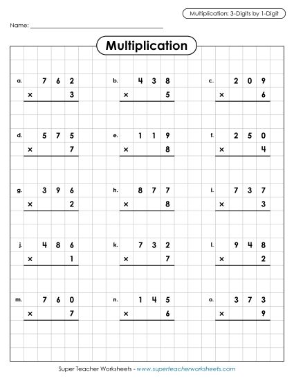3-Digit Times 1-Digit Printables - Multiplication: 3-digit by 1-digit (Printable PDF Worksheet)