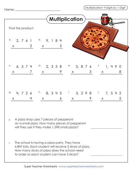 4-Digit Times 1-Digit Worksheets - Multiplication: 4-Digit by 1-Digit (Printable PDF Worksheet)