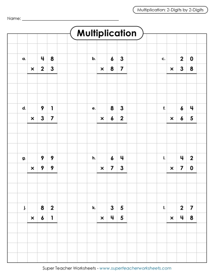2-Digit Times 2-Digit Worksheets - Multiplication Activity: 2-digit by 2-digit Numbers (Printable PDF Worksheet)