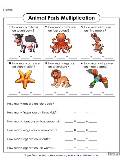Worksheets and Games - Multiplication Animal Parts (Printable PDF Worksheet)