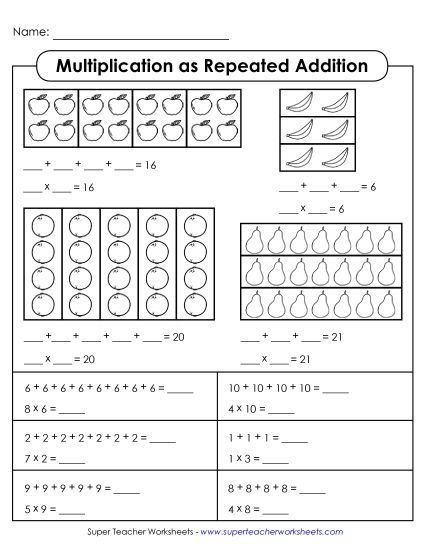 Worksheets and Games - Multiplication As Repeated Addition: Fruit (Printable PDF Worksheet)