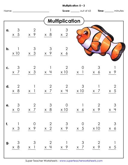 Multiplication Drills - Multiplication Basic Facts 0 - 3 (Printable PDF Worksheet)