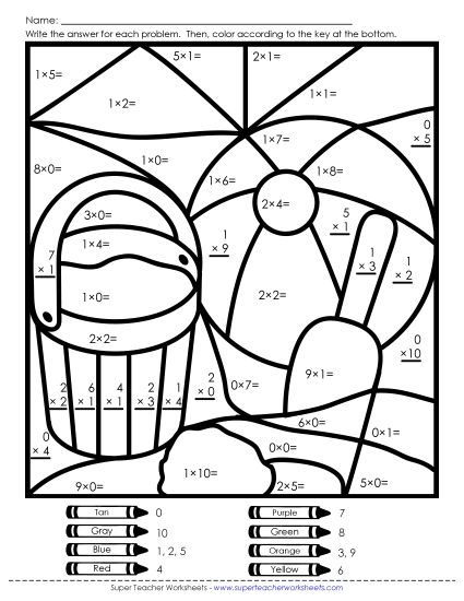 Multiplication - Multiplication: Beach (0s, 1s, 2s) (Printable PDF Worksheet)