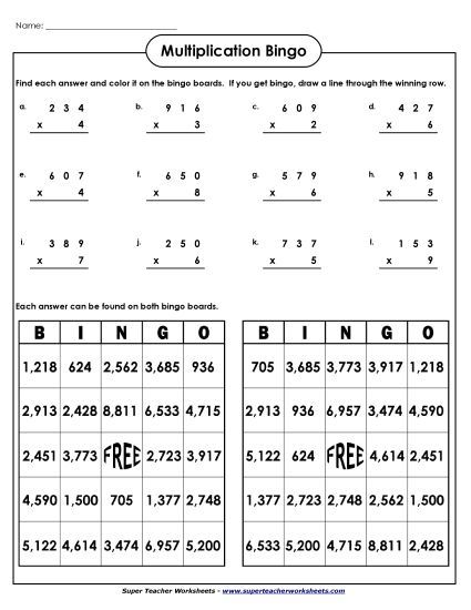 3-Digit Times 1-Digit Printables - Multiplication Bingo:&nbsp; 3-digit by 1-digit (Printable PDF Worksheet)