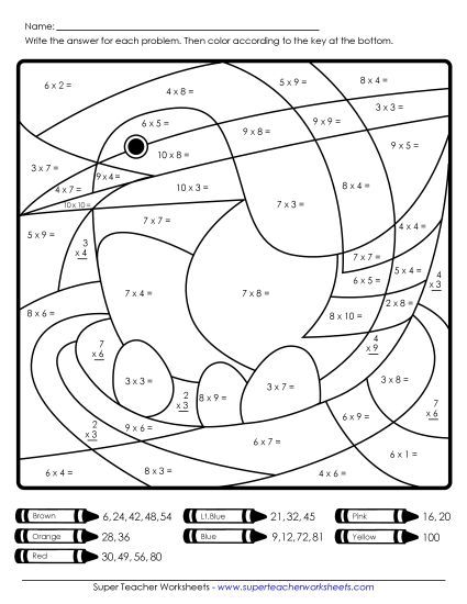 Multiplication - Multiplication: Bird on Nest (0-10) (Printable PDF Worksheet)