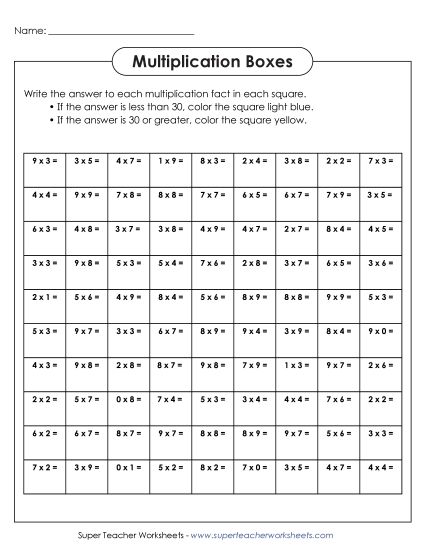 Worksheets and Games - Multiplication Boxes (Basic Facts 0-9) (Printable PDF Worksheet)