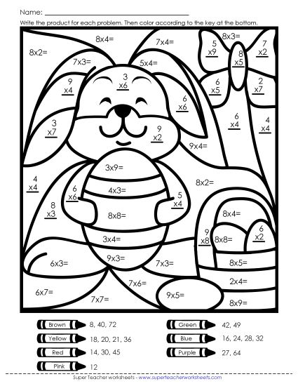 Easter Multiplication - Multiplication: Bunny Mystery Picture (Basic Facts 0-10) (Printable PDF Worksheet)