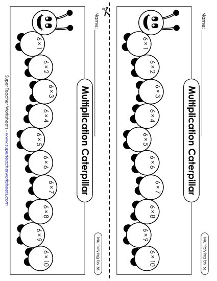 Multiplication by 6s Only - Multiplication Caterpillar: Multiply by 6s (Printable PDF Worksheet)