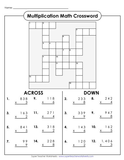 Multiplication - Multiplication Crossword (3-Digit by 1-Digit) (Printable PDF Worksheet)