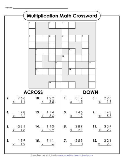 Multiplication - Multiplication Crossword (3-Digit by 2-Digit) (Printable PDF Worksheet)