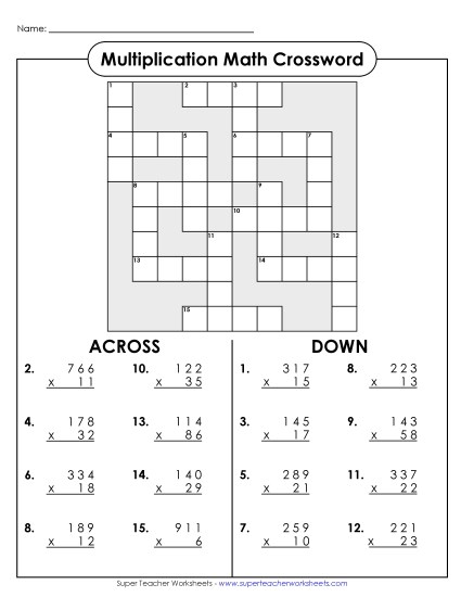3-Digit Times 2-Digit Worksheets - Multiplication Crossword Activity: 3-Digit by 2-Digit Numbers (Printable PDF Worksheet)