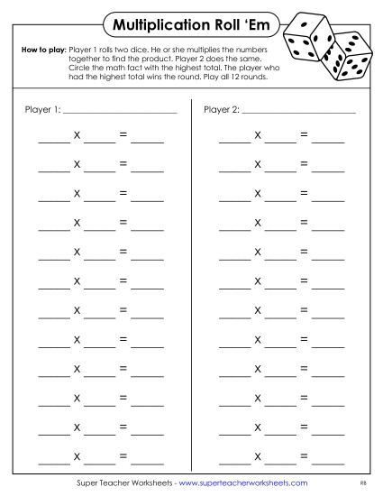 All Facts 0s through 6s - Multiplication Dice Game (2 Player Game) (Printable PDF Worksheet)