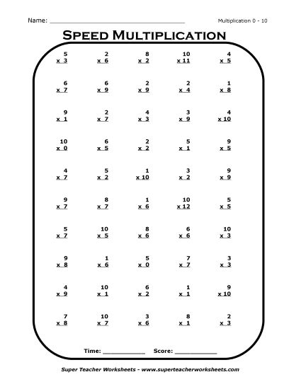 Multiplication Basic Facts Mad Minute Drills - Multiplication Drill 0 - 10 (Printable PDF Worksheet)