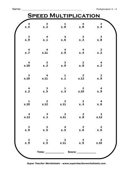 Multiplication Basic Facts Mad Minute Drills - Multiplication Drill 0 - 4 (Printable PDF Worksheet)