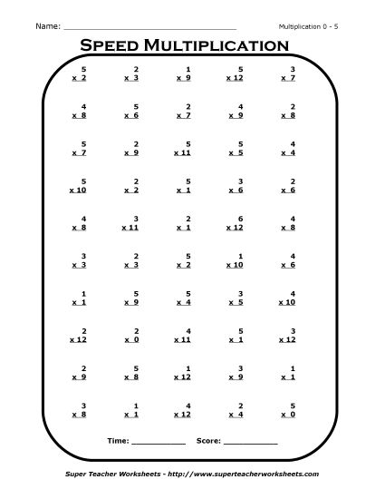 Multiplication Basic Facts Mad Minute Drills - Multiplication Drill 0 - 5 (Printable PDF Worksheet)