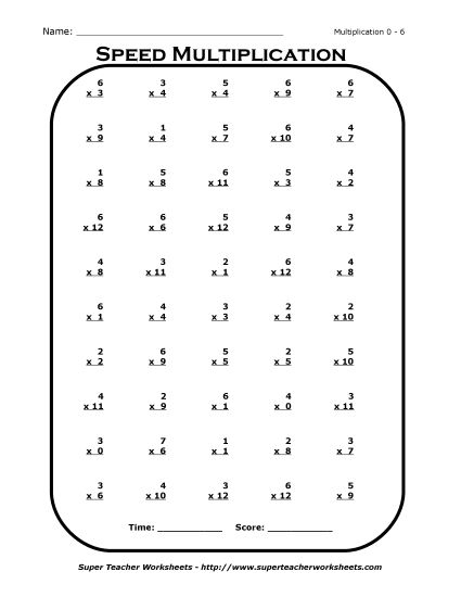 Multiplication Basic Facts Mad Minute Drills - Multiplication Drill 0 - 6 (Printable PDF Worksheet)