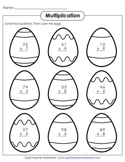 Easter Multiplication - Multiplication: Easter Eggs (2-Digit by 1-Digit) (Printable PDF Worksheet)