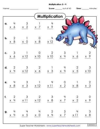 All Facts 0s through 4s - Multiplication Facts 0-4 (B) (Printable PDF Worksheet)