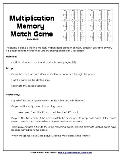 Worksheets, Games, & Task Cards - Multiplication Memory Match (Up to 12s) (Printable PDF Worksheet)