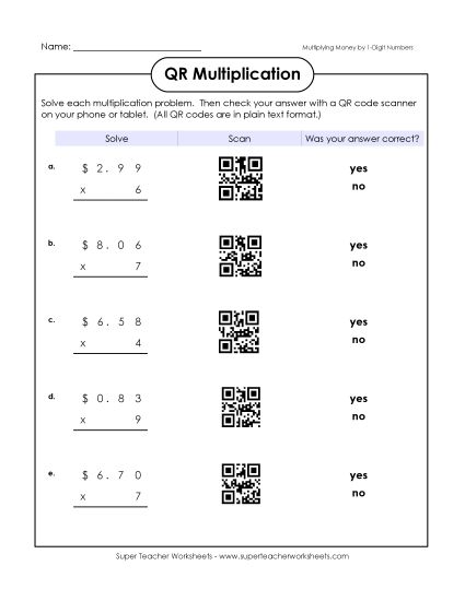 Multiplication - Multiplication (Money) (Printable PDF Worksheet)